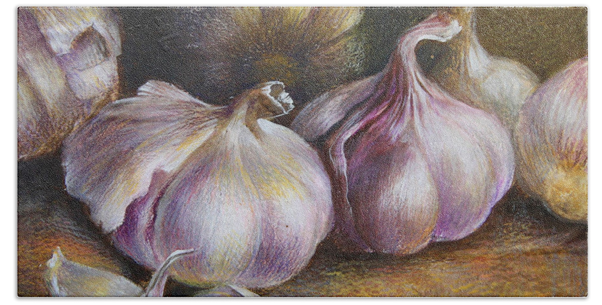 Garlic Hand Towel featuring the painting Garlic painting by Vali Irina Ciobanu