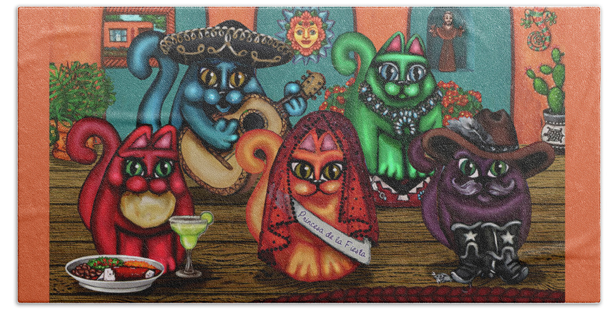 Hispanic Art Hand Towel featuring the painting Gatos de Santa Fe by Victoria De Almeida