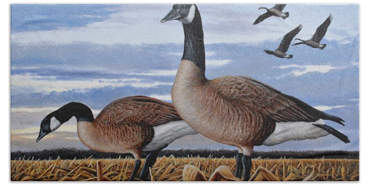 Geese Bath Towel featuring the painting Geese in Corn Field by Anthony J Padgett