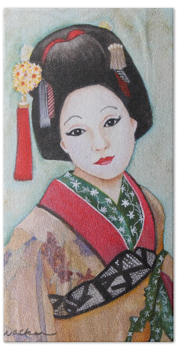Japan Bath Towel featuring the painting Geisha 3 Watercolor by Kimberly Walker