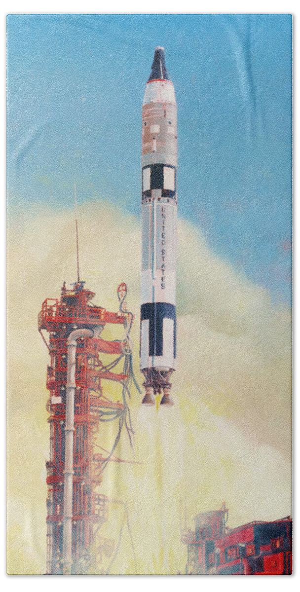 Aerospace Bath Towel featuring the painting Gemini-Titan Launch by Douglas Castleman