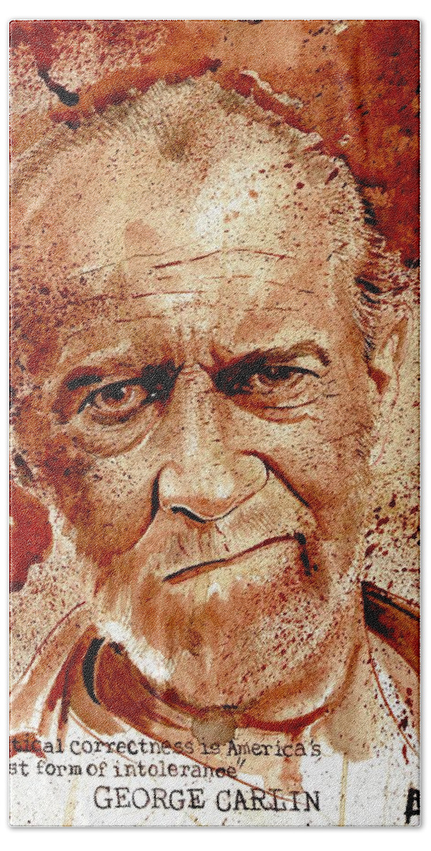 Ryan Almighty Bath Towel featuring the painting GEORGE CARLIN dry blood by Ryan Almighty