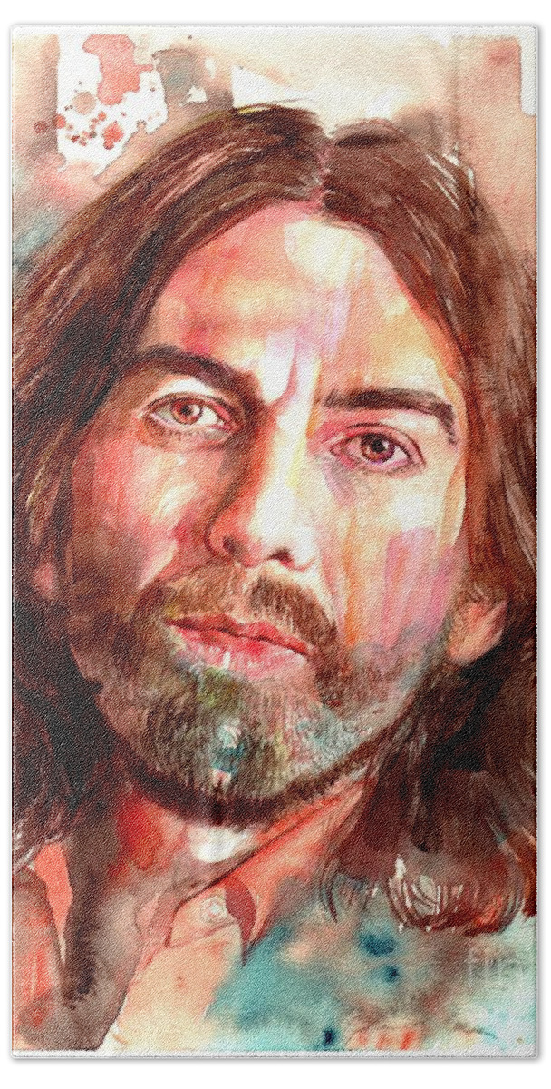George Hand Towel featuring the painting George Harrison portrait by Suzann Sines
