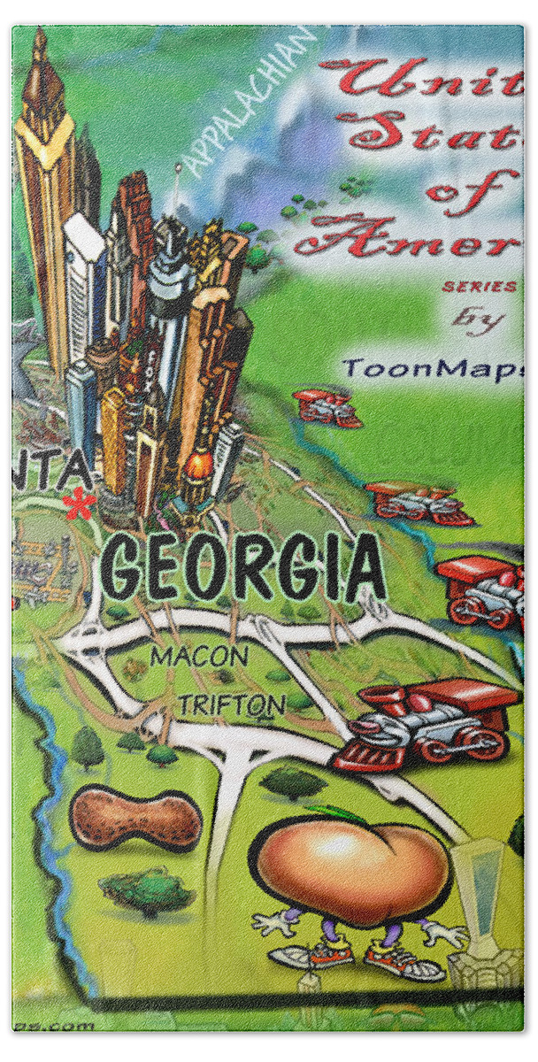 Georgia Bath Towel featuring the digital art Georgia Cartoon Map by Kevin Middleton