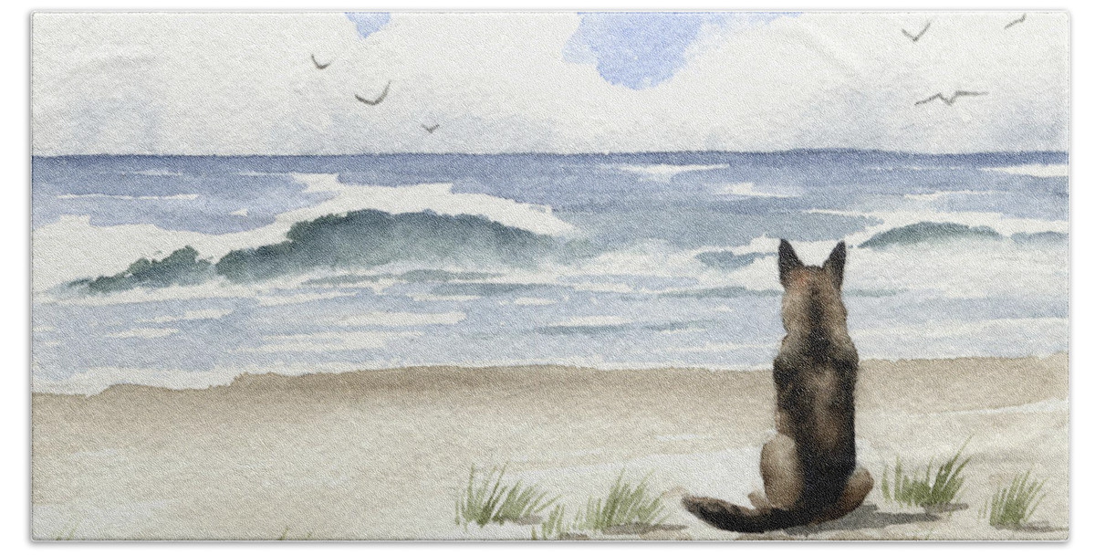 German Hand Towel featuring the painting German Shepherd on the Beach by David Rogers