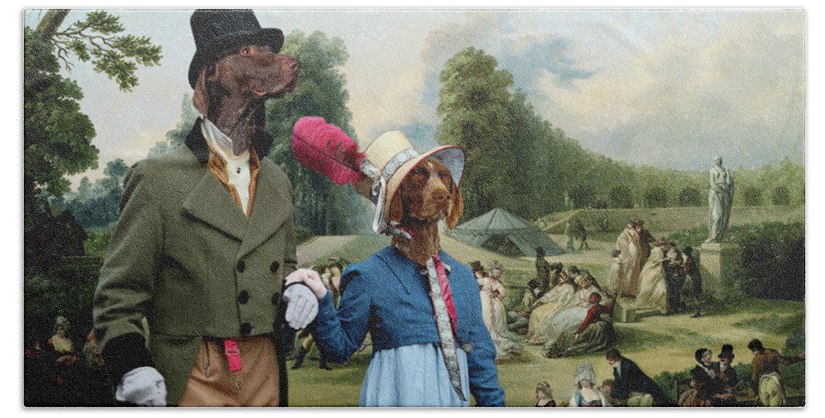 German Shorthaired Pointer Hand Towel featuring the painting German Shorthaired Pointer - Kurzhaar Art Canvas Print - The summer Party by Sandra Sij