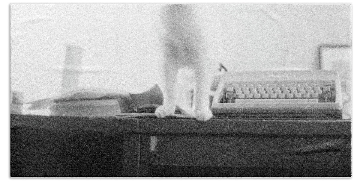 Cat Bath Towel featuring the photograph Ghost Cat, with Typewriter by Jeremy Butler