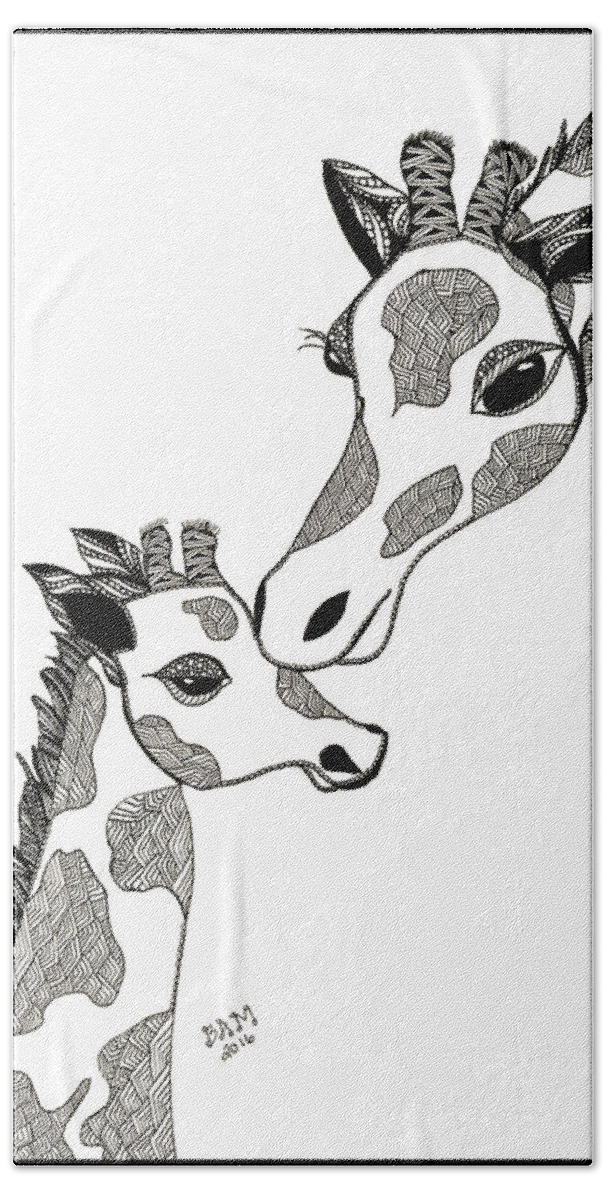 Illustration Bath Sheet featuring the drawing Giraffe Mom and Baby by Barbara McConoughey