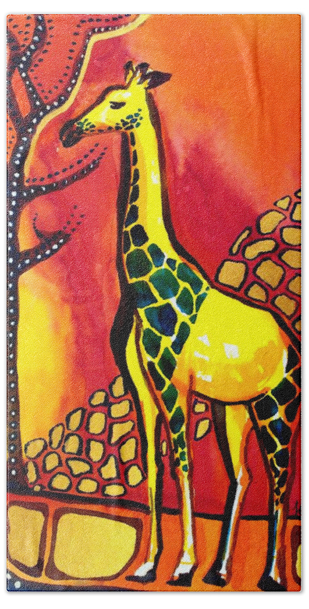 Giraffe Bath Towel featuring the painting Giraffe with fire by Dora Hathazi Mendes