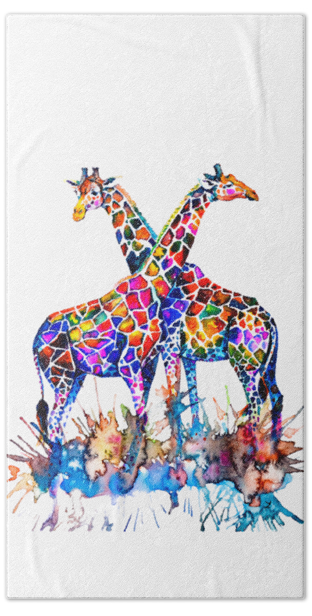 Giraffes Hand Towel featuring the painting Giraffes by Zaira Dzhaubaeva