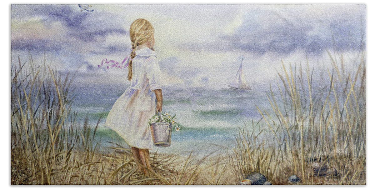 Girl Hand Towel featuring the painting Girl And Ocean Watercolor by Irina Sztukowski