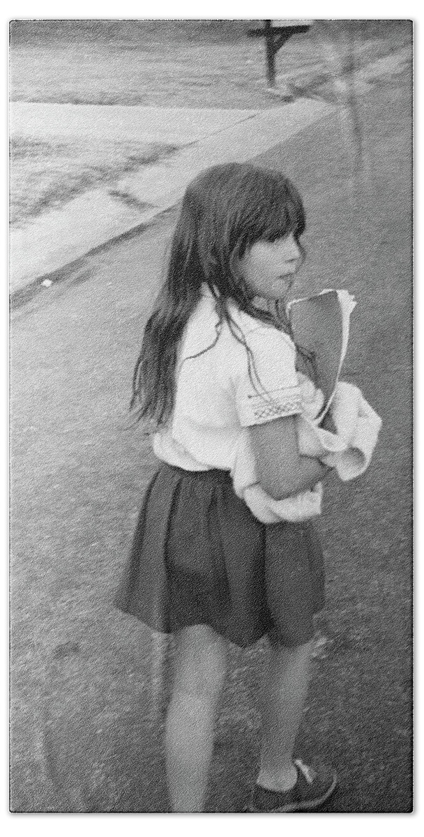 School Bath Towel featuring the photograph Girl Returns Home from School, 1971 by Jeremy Butler