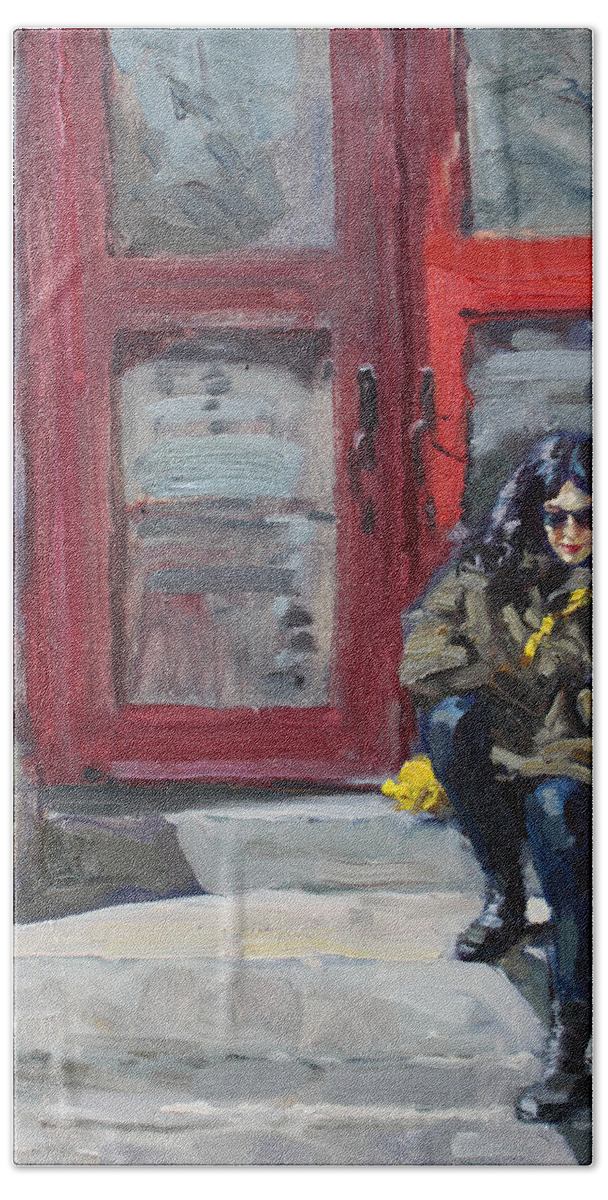 Girl Sitting Hand Towel featuring the painting Girl Sitting at Red Doorstep by Ylli Haruni