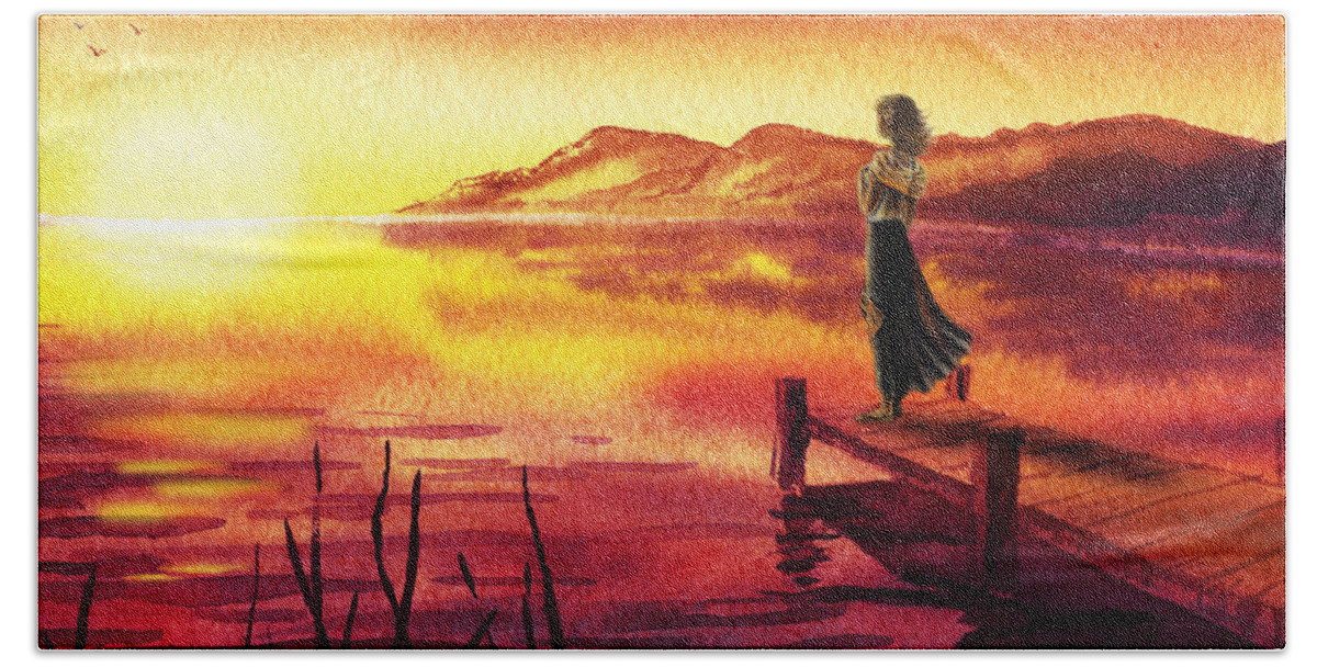 Girl Watching Sunset At The Lake Bath Towel featuring the painting Girl Watching Sunset At The Lake by Irina Sztukowski