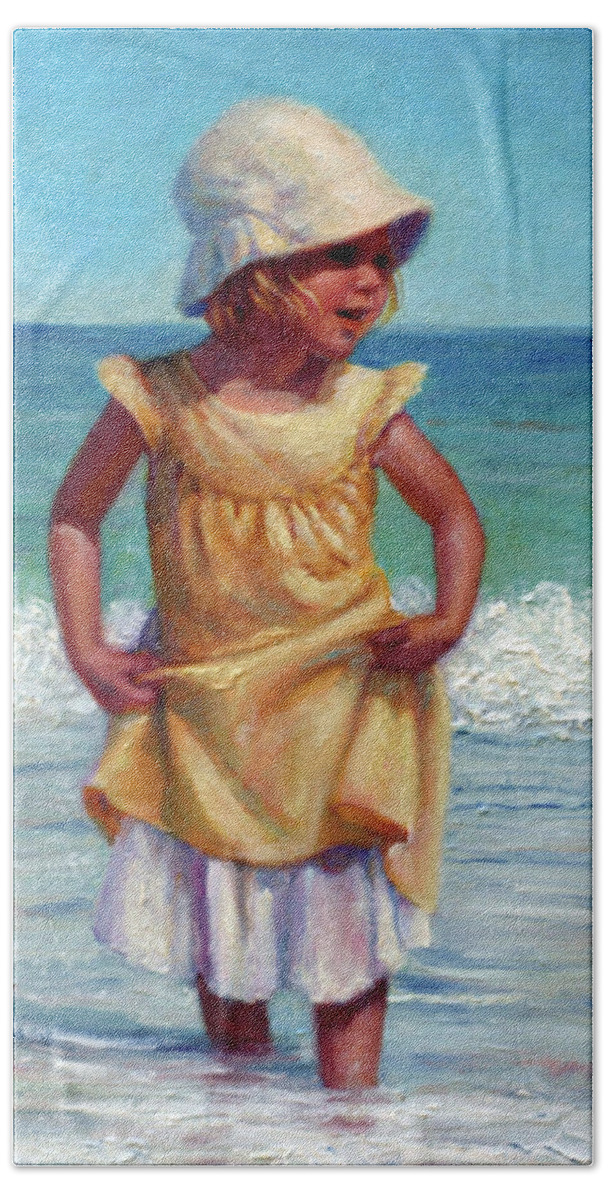 Children At The Beach Bath Towel featuring the painting Girl with Bonnet by Marie Witte
