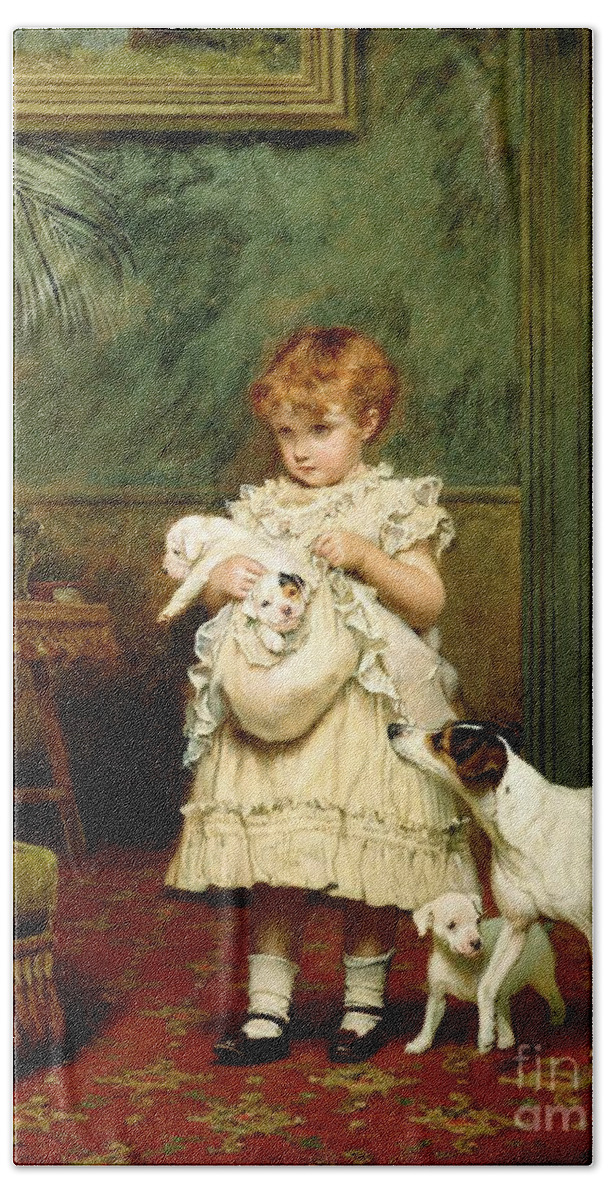 Girl With Dogs Bath Sheet featuring the painting Girl with Dogs by Charles Burton Barber