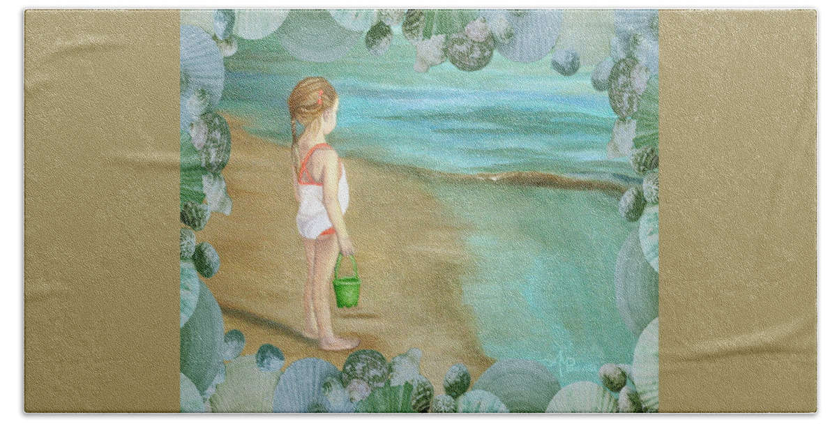 Girl At The Beach Hand Towel featuring the painting Girl With Marine Shells Frame by Angeles M Pomata