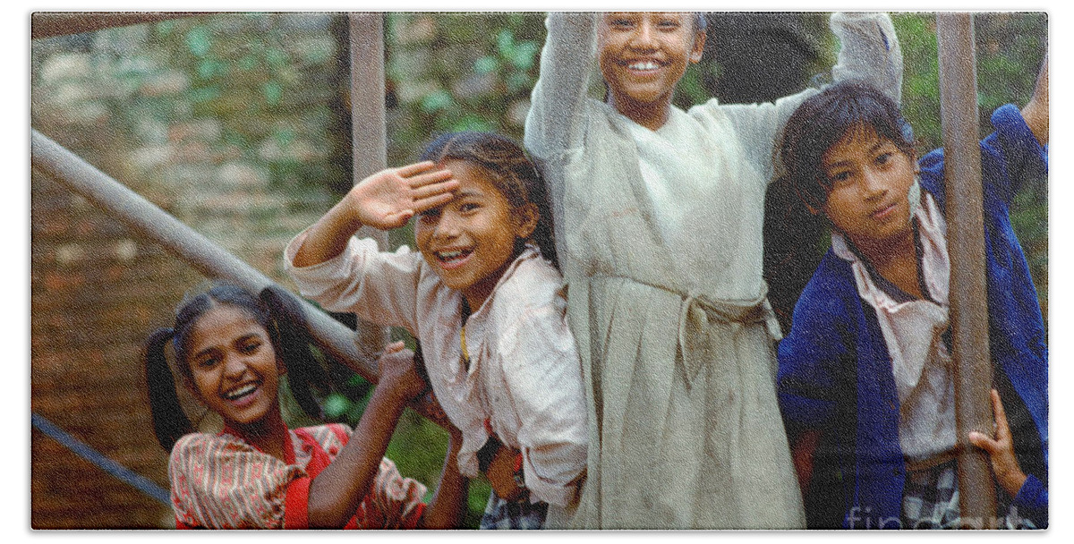 Girls Having Fun Hand Towel featuring the photograph Girls Smiling in Kathmandu, Nepal by Wernher Krutein