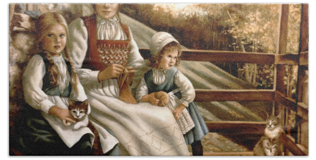 Children Hand Towel featuring the painting Girls with Cats by Marie Witte