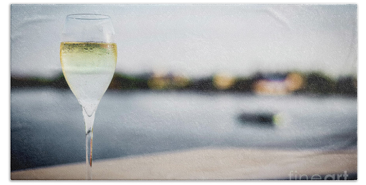 Alcohol Bath Towel featuring the photograph Glass Of Champagne At Modern Outdoor Bar At Sunset by JM Travel Photography