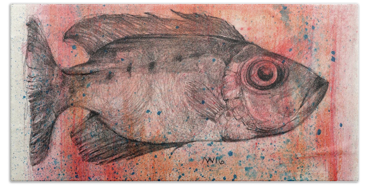 Fish Bath Towel featuring the mixed media Glasseye Snapper by AnneMarie Welsh