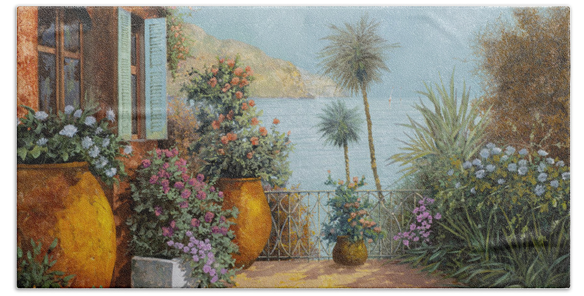 Seascape Hand Towel featuring the painting Gli Otri Sul Terrazzo by Guido Borelli