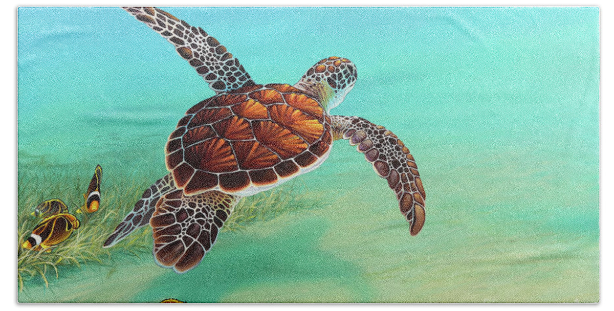 Sea Turtle Hand Towel featuring the painting Gliding Through the Sea by Joe Mandrick