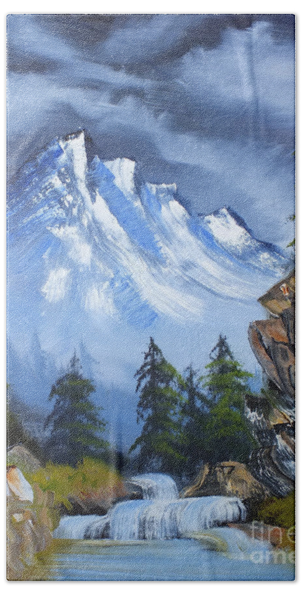 Snow Hand Towel featuring the painting Glory Mountain by Yenni Harrison