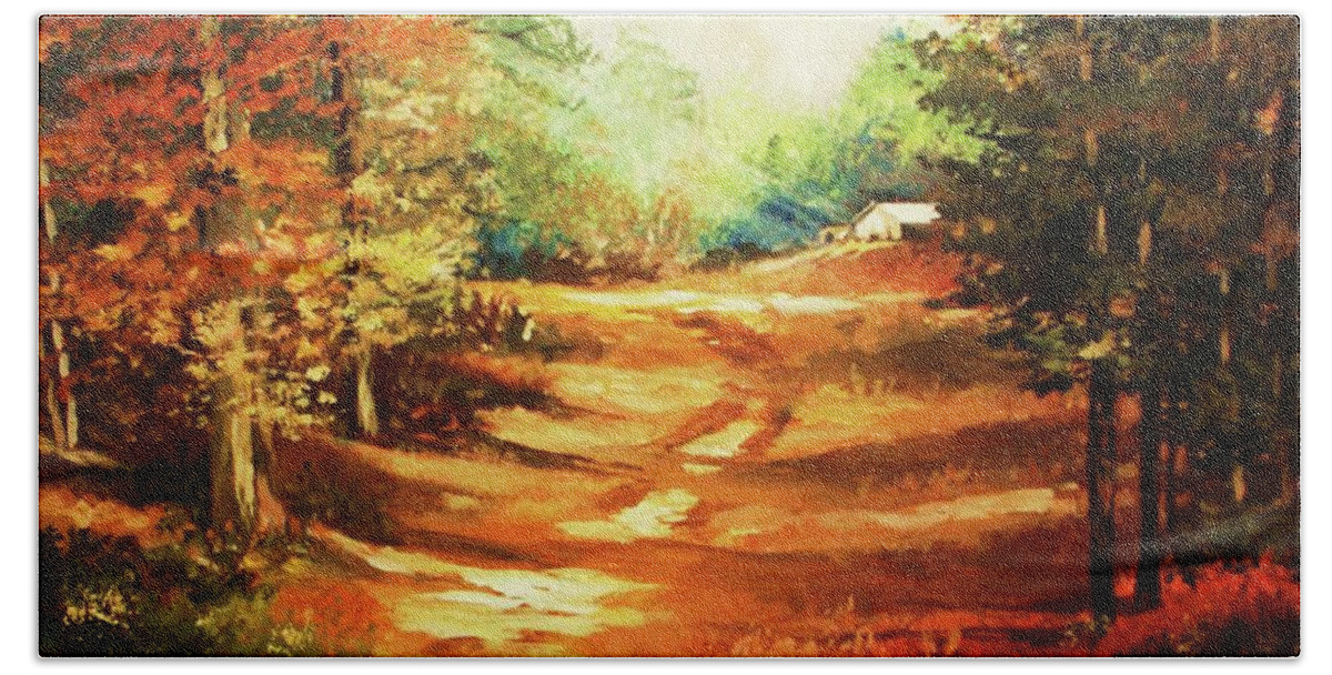 Trees Hand Towel featuring the painting Glory Road in Autumn by Al Brown