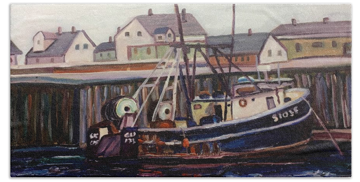 Gloucester Bath Towel featuring the painting Gloucester Blue Boat by Richard Nowak