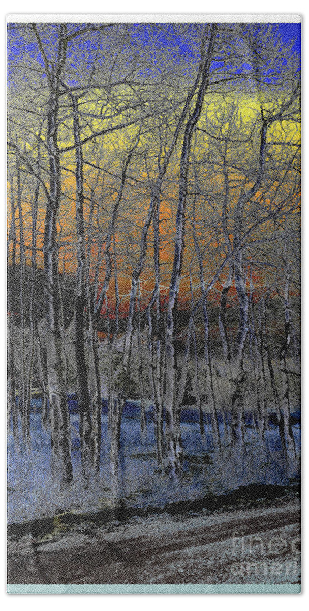 Landscape Hand Towel featuring the digital art Glowing Aspens at dusk by Deb Nakano