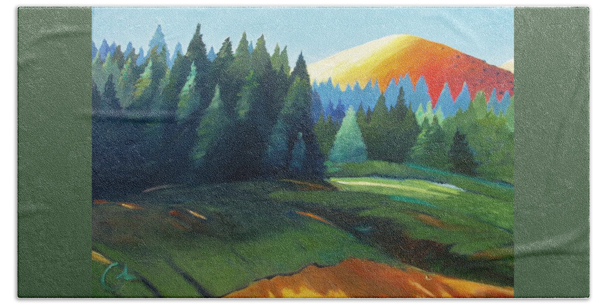 Windy Hill Hand Towel featuring the painting Glowing Hill by Gary Coleman