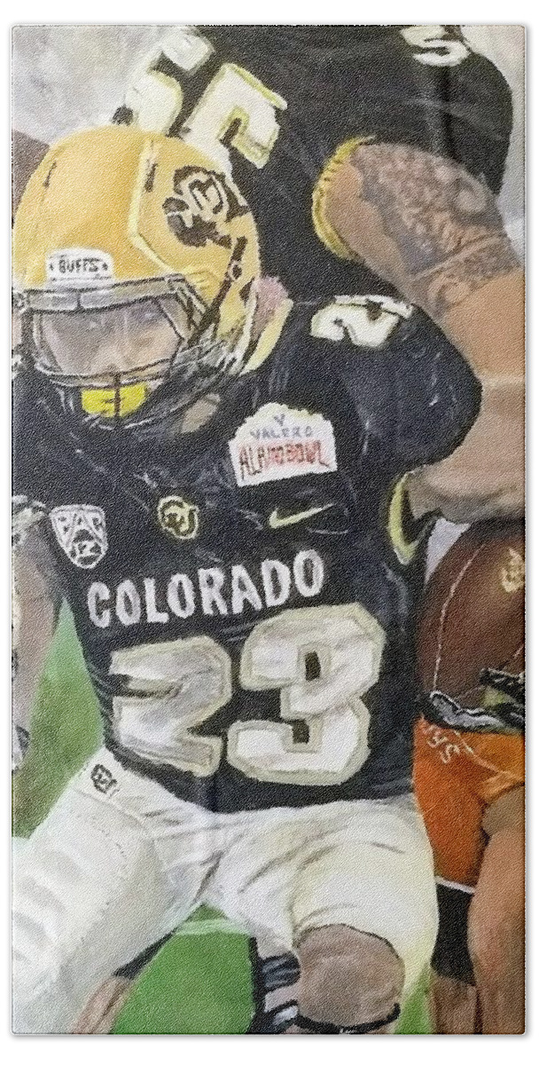 Phillip Lindsay Hand Towel featuring the painting Go Buffs by Kevin Daly