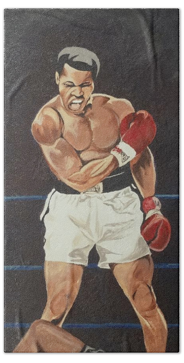 Muhammad Ali Bath Towel featuring the painting G.o.a.t. by Autumn Leaves Art