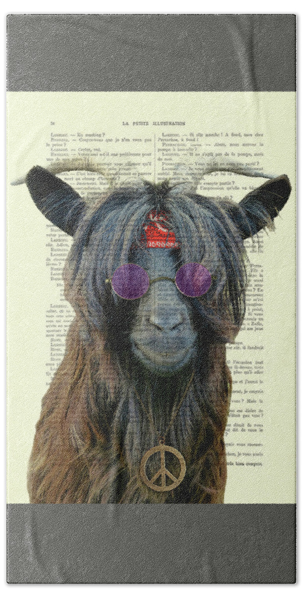 Goat Hand Towel featuring the digital art Goat in hippie clothes with purple glasses and peace necklace by Madame Memento