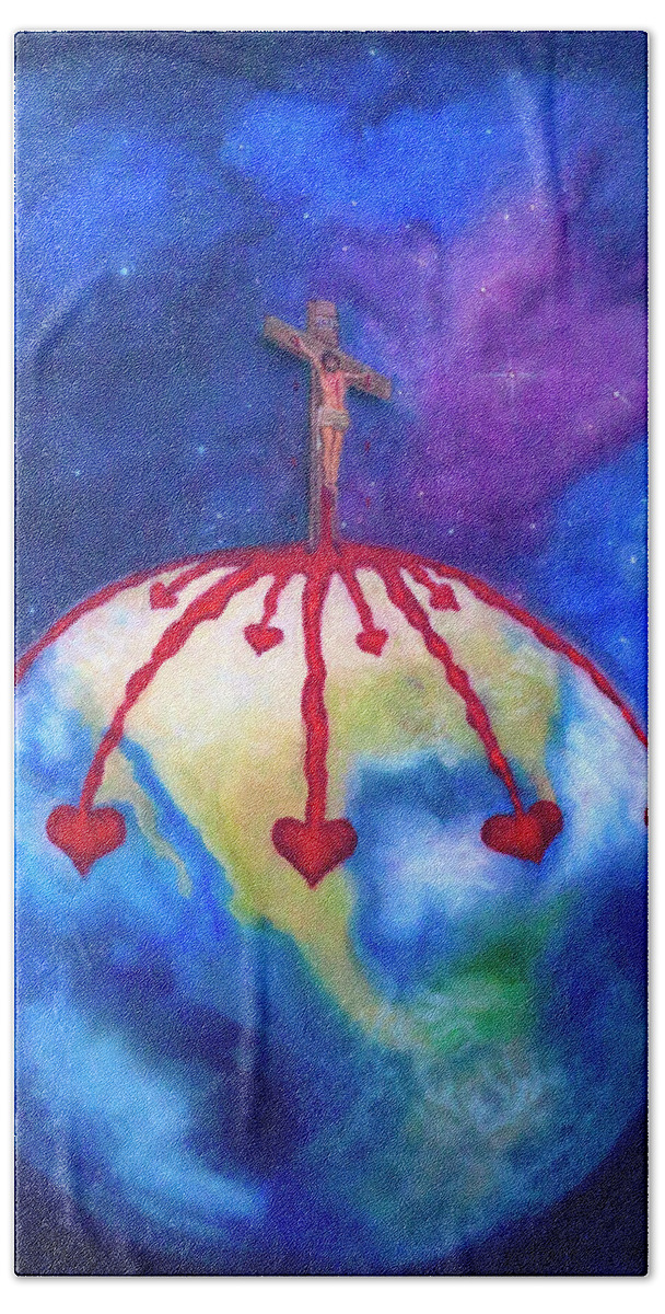 Prophetic Art Bath Towel featuring the painting God So Loved The World by Jeanette Sthamann