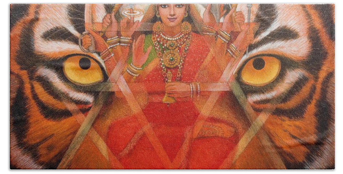 Durga Bath Sheet featuring the painting Goddess Durga by Sue Halstenberg