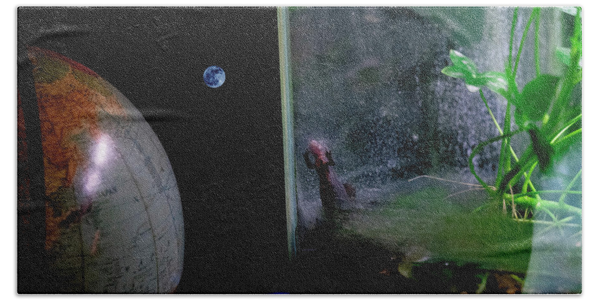 Earth Bath Towel featuring the photograph Godzilla Watches and The Moon is Blue by Steven Dunn