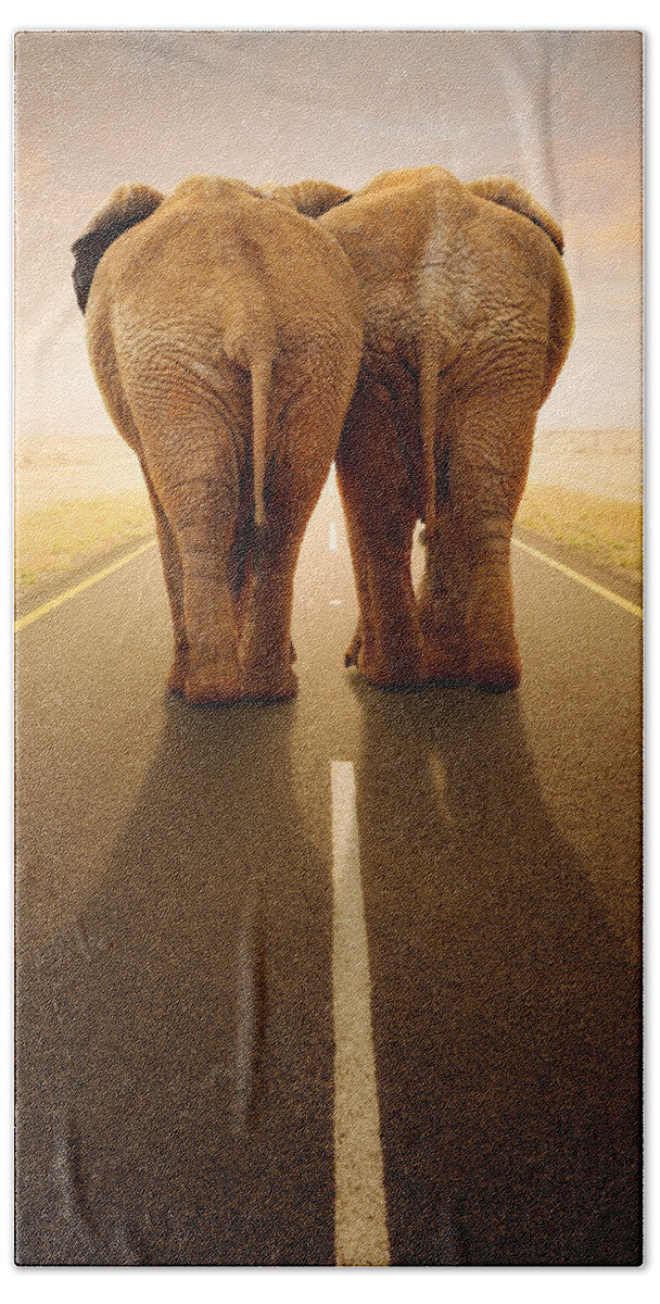 Elephant Hand Towel featuring the photograph Going away together / travelling by road by Johan Swanepoel
