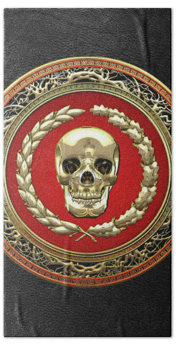 ‘memento Mori’ Collection By Serge Averbukh Bath Towel featuring the digital art Gold Human Skull over Black Leather by Serge Averbukh