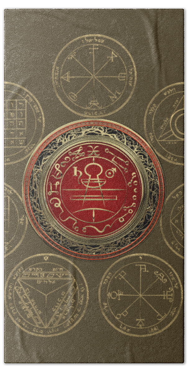 'sacred Symbols' Collection By Serge Averbukh Bath Towel featuring the digital art Gold Seal of Solomon over Seven Pentacles of Saturn on Black Canvas by Serge Averbukh