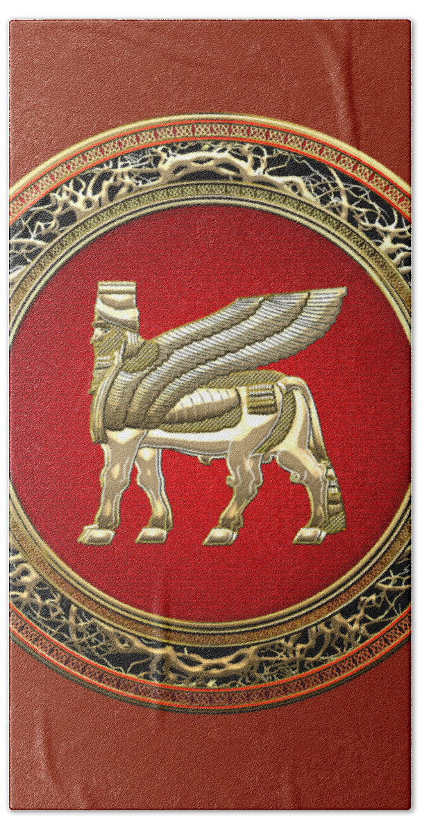 'treasure Trove' By Serge Averbukh Hand Towel featuring the digital art Golden Babylonian Winged Bull by Serge Averbukh