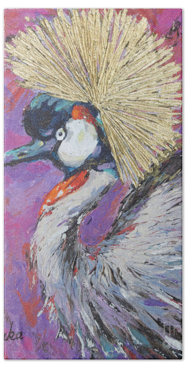 Grey Crowned Crane Bath Towel featuring the painting Golden Crown by Jyotika Shroff