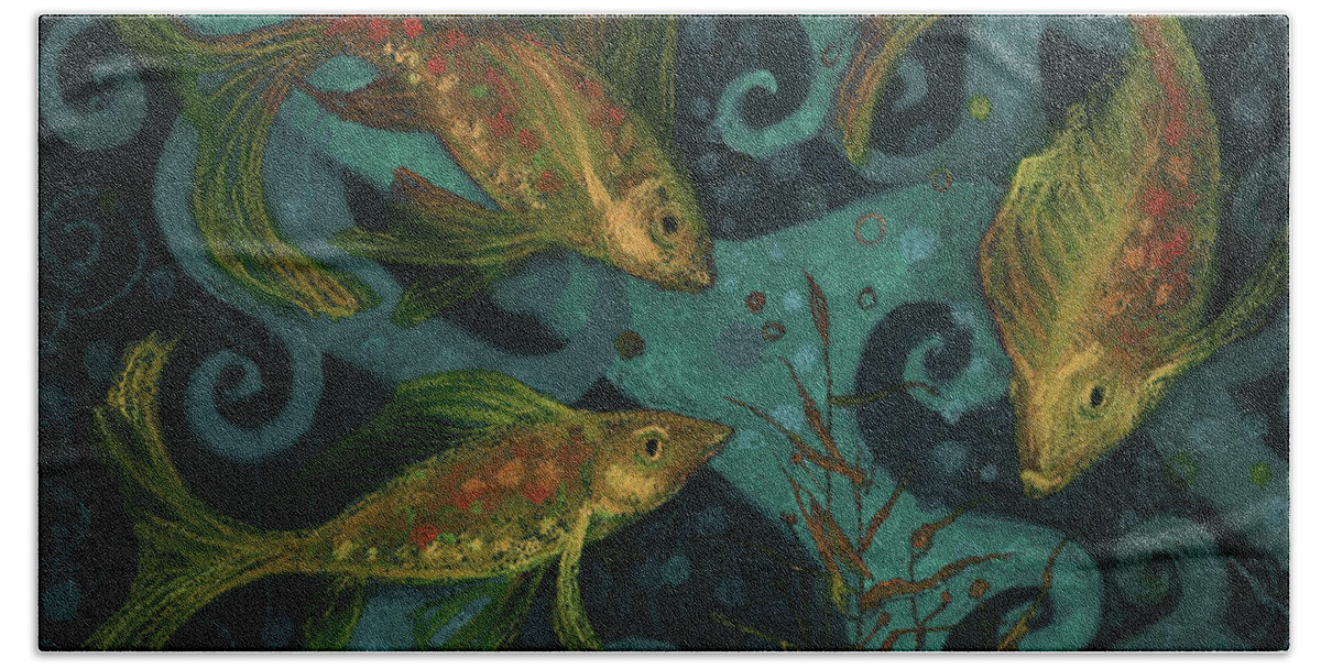 Fish Bath Towel featuring the mixed media Golden Fishes, underwater creatures, black, teal and yellow by Julia Khoroshikh