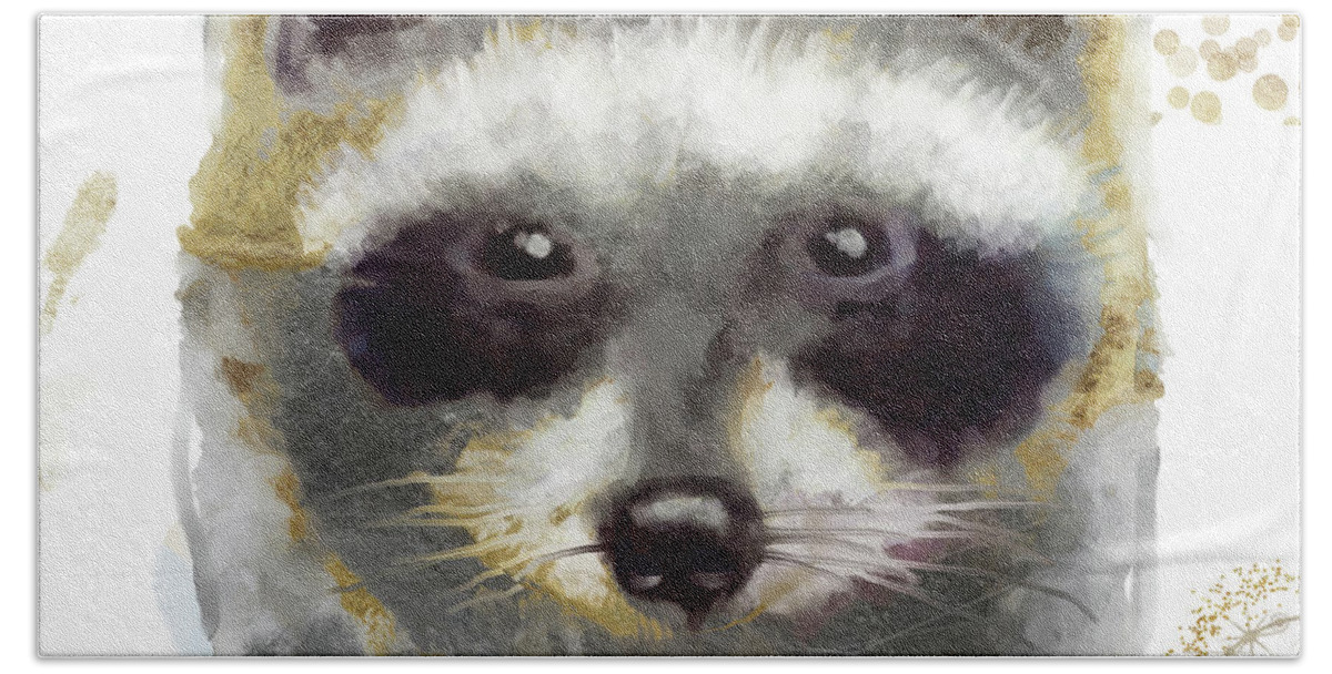 Raccoon Hand Towel featuring the painting Golden Forest Raccoon by Mindy Sommers