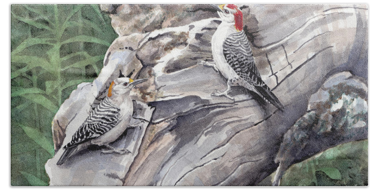 Wildlife Bath Towel featuring the painting Golden-fronted Woodpeckers by Steve Hamlin