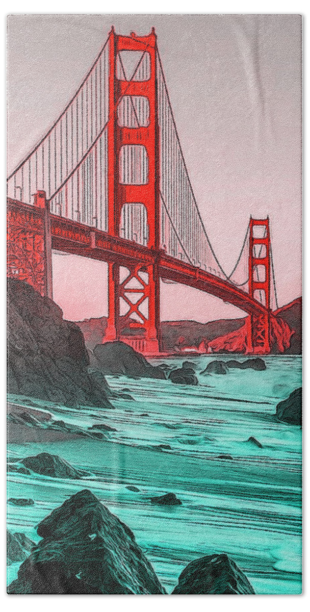 Golden Gate Bridge Bath Towel featuring the painting Golden Gate Bridge - Panorama by AM FineArtPrints