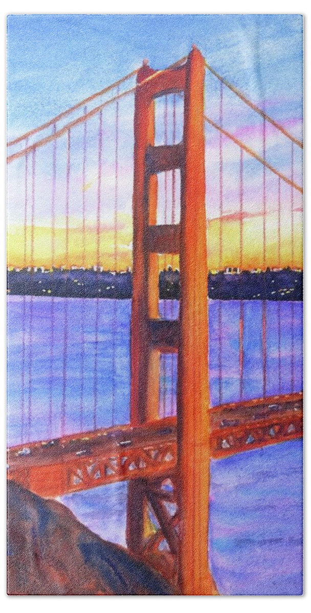 Golden Gate Bridge Hand Towel featuring the painting Golden Gate Bridge Tower Sunset by Carlin Blahnik CarlinArtWatercolor