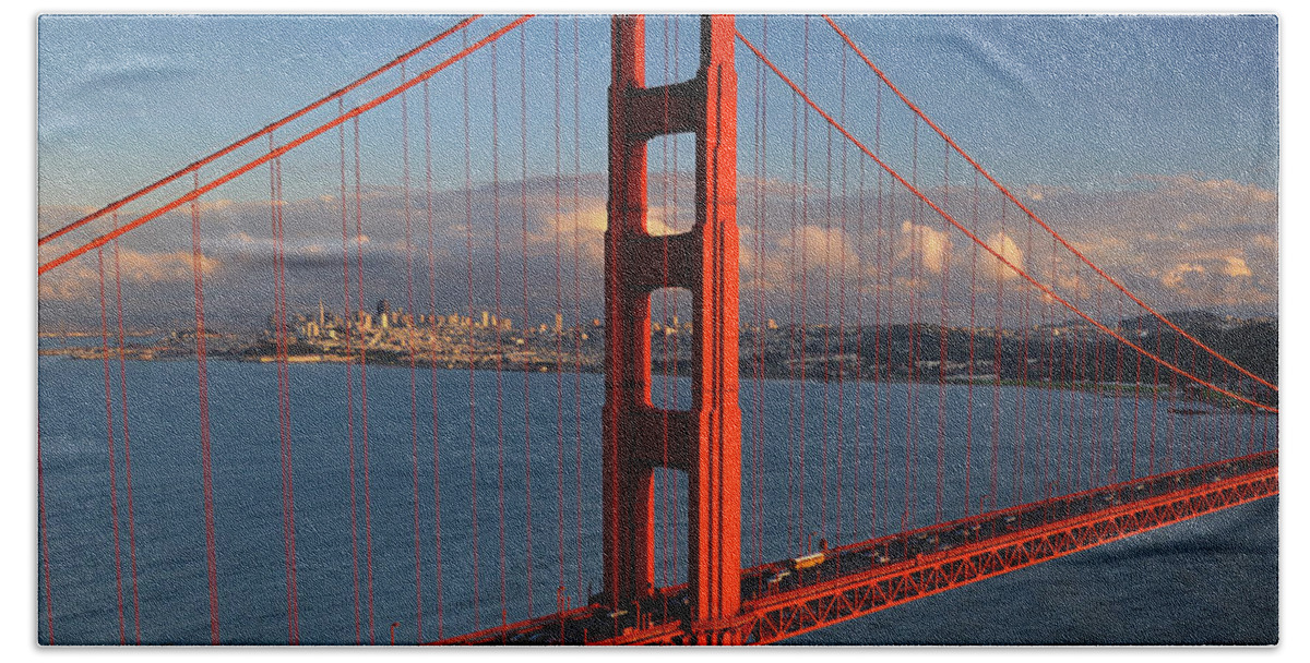 Golden Gate Bridge with San Francisco skyline and moon at sunset Bath Towel  by Reimar Gaertner - Pixels