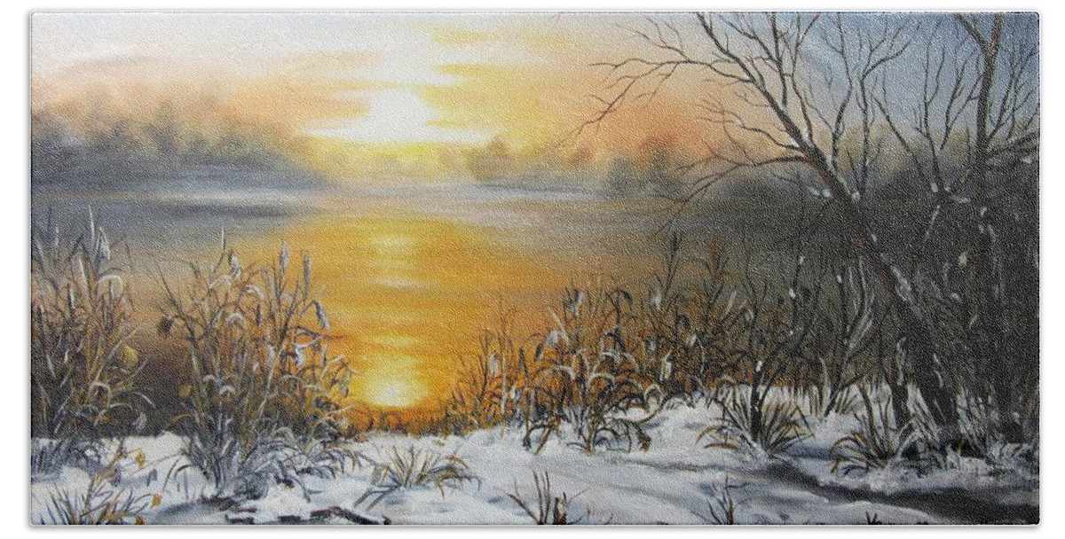 Landscape Hand Towel featuring the painting Golden lake sunrise by Vesna Martinjak